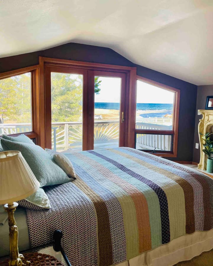 Upstairs Master Suite with Queen Bed and  View of Lake Superior and Sand River.
