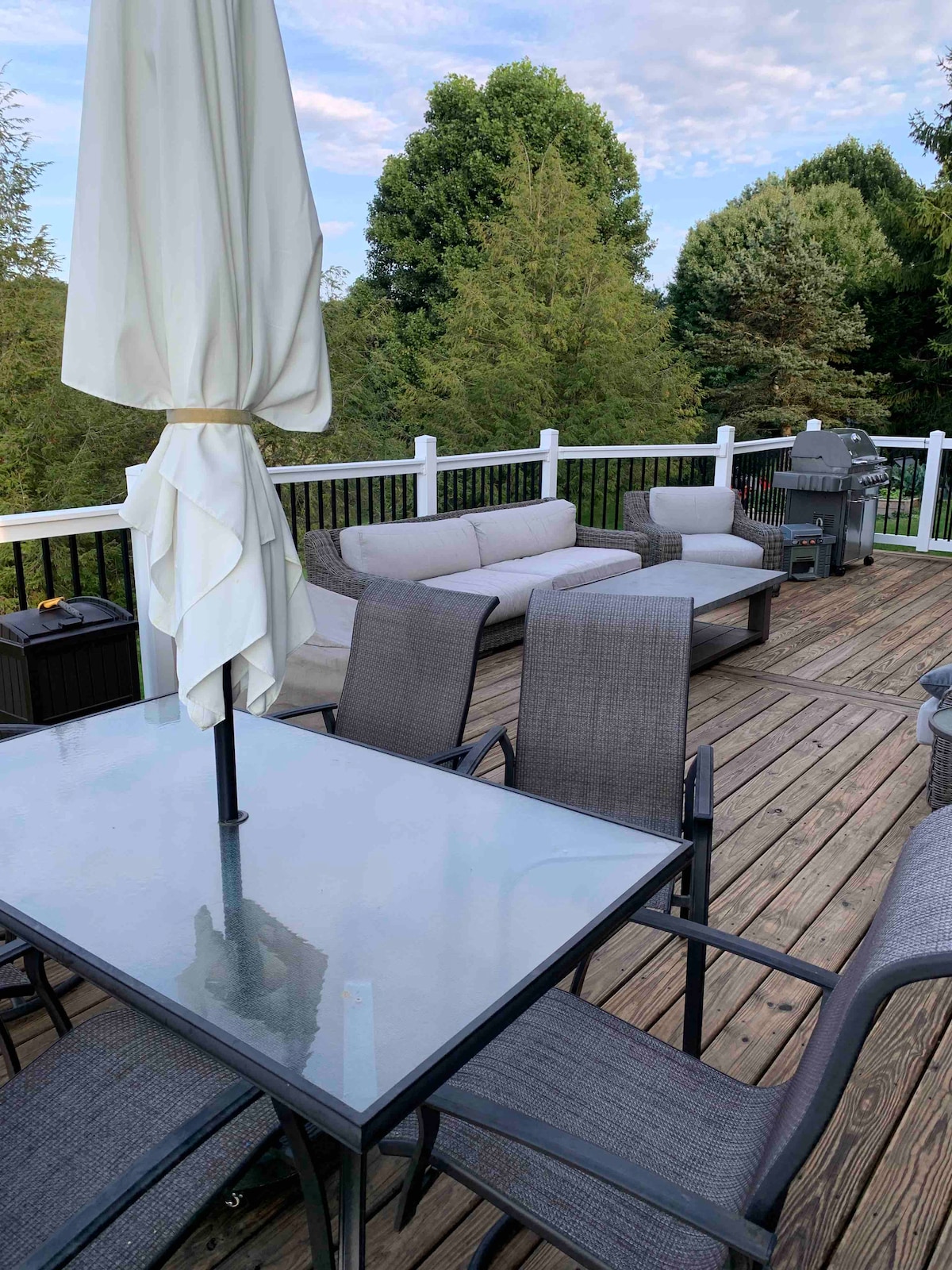 An outdoor deck is showcased, featuring a glass-top dining table surrounded by six chairs. A cozy seating area with plush couches is visible, along with a barbecue grill positioned nearby, set against a backdrop of lush greenery and trees.