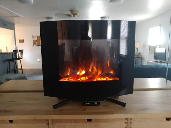 Electric fireplace that is also a heater for added warmth. 