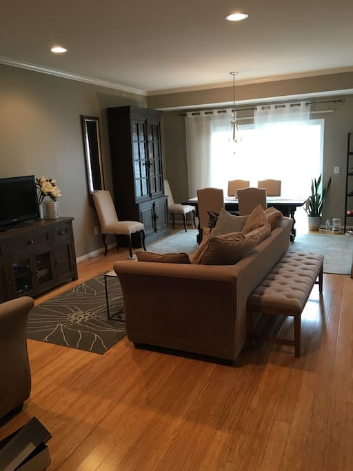 Open concept great room with Kitchen, Dining Room, and Living room (shared)