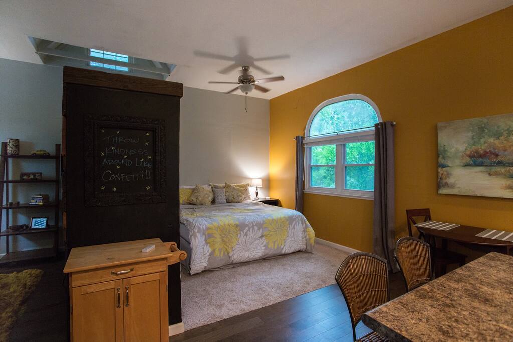 High ceilings and open floor plan.