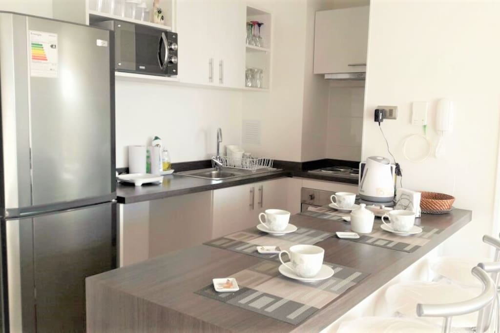 Cocina equipada con horno, encimera y campana eléctricos. Incluye refrigerador grande, sandwichera y horno microondas.