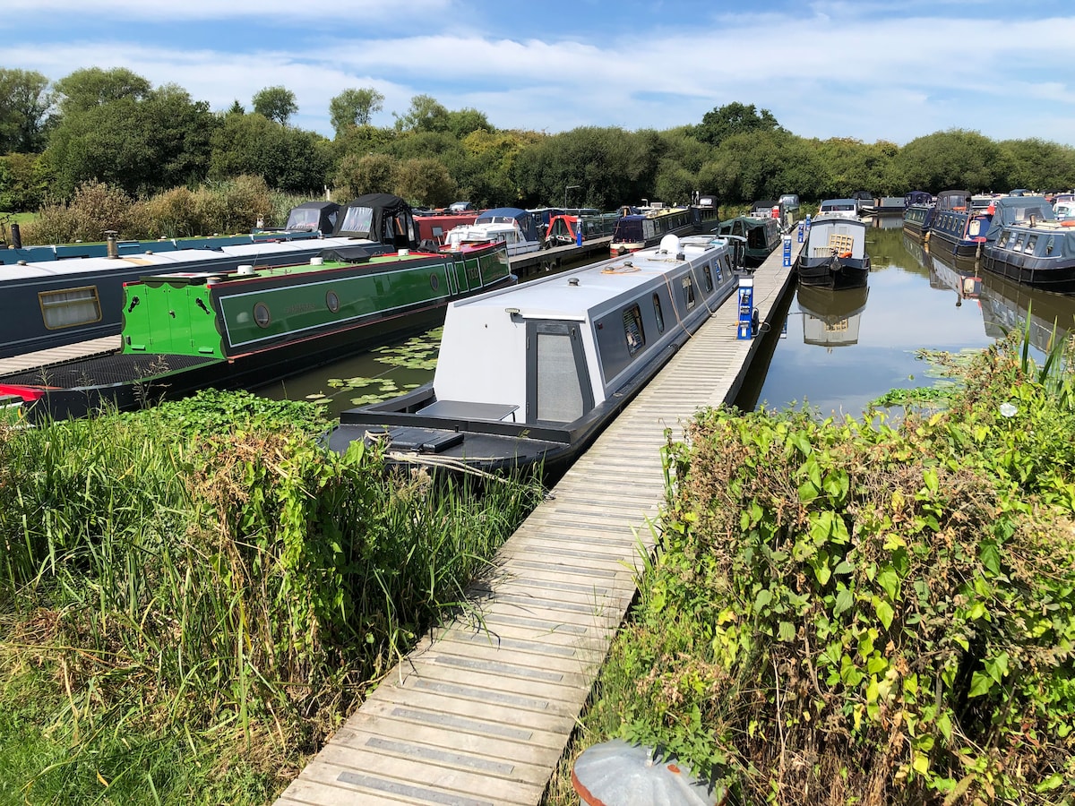 A narrowboat is moored alongside a wooden walkway, surrounded by greenery and other boats. Calm water reflects the blue sky and trees, creating a serene atmosphere. The scene captures the essence of marina life, offering a glimpse of peaceful waterfront living.