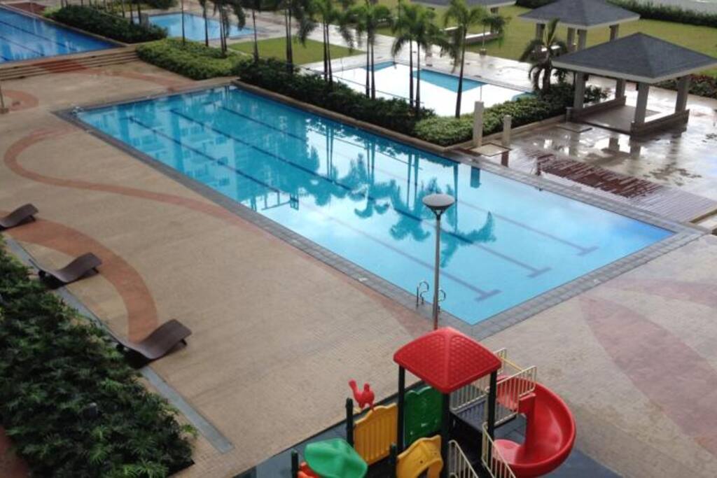 large pool area with playground