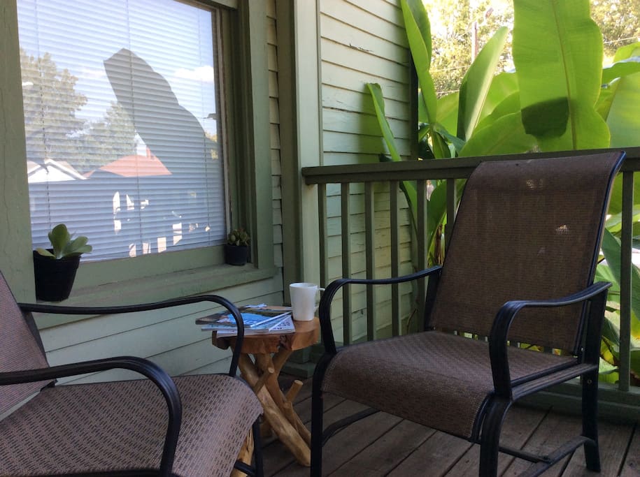 A little oasis on the front porch with plenty sunlight and banana leaves and succulents.
