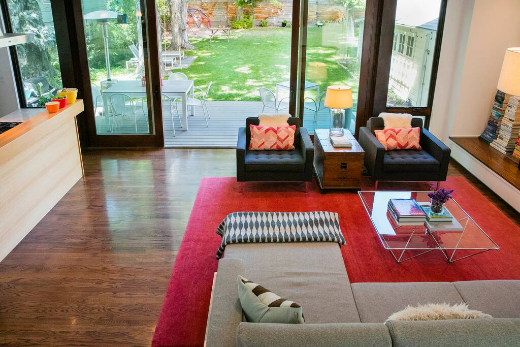 An 8' door opens from the living / kitchen area into the yard.