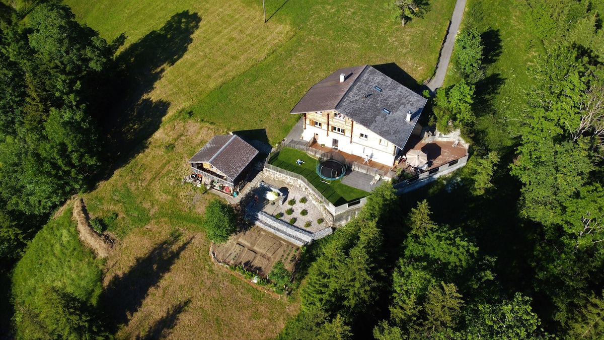 An aerial view of Chalet Elisabeth reveals its spacious layout surrounded by lush greenery. The chalet features a large building with a sloped roof, a separate outdoor area with seating, and garden beds, all set against a backdrop of serene countryside.