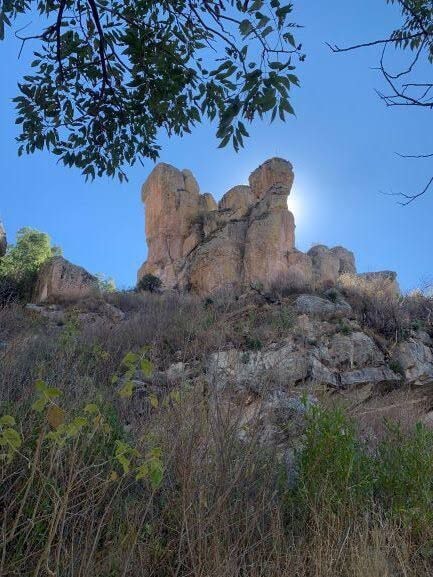 A rocky outcrop is seen against a clear blue sky, with sunlight casting a halo effect around the top formations. Surrounding vegetation includes green leaves and dry grasses, creating a natural backdrop that emphasizes the rugged terrain.