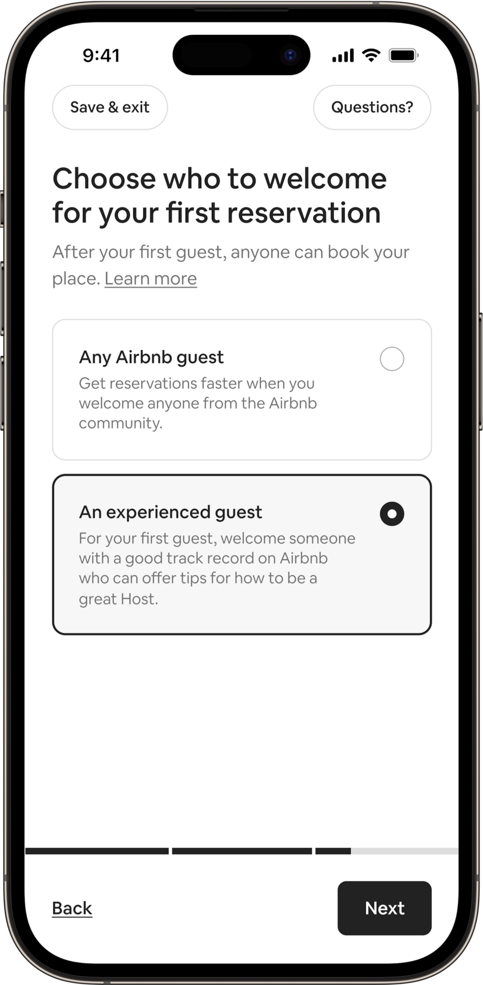 A phone shows a title saying: Choose who to welcome for your first reservation. Hosts can either opt to welcome any Airbnb guest, or they can opt to welcome an experienced guest. The experienced guest button has been selected.