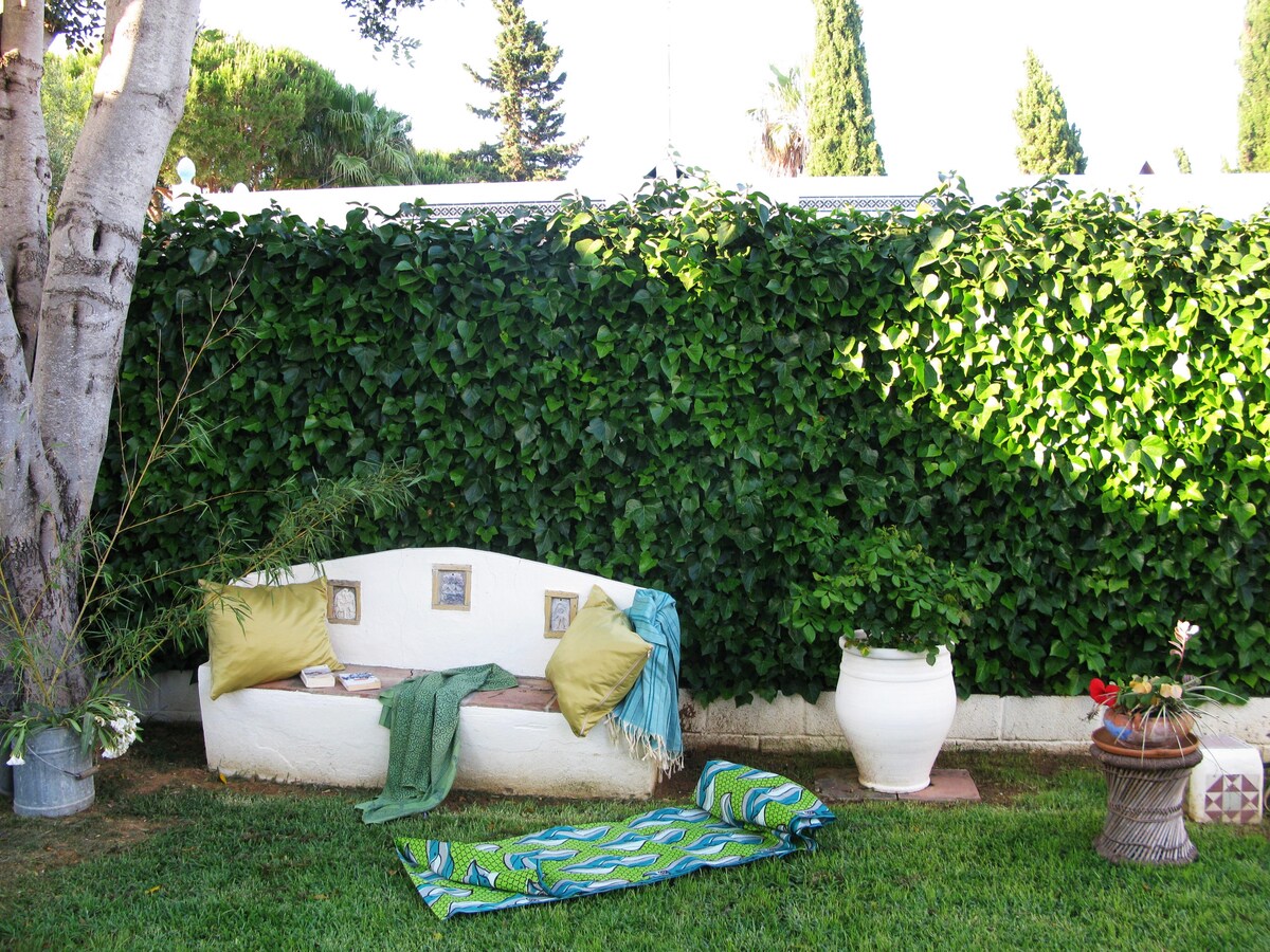 A serene outdoor space features a bench adorned with green cushions, set against a lush green hedge. A colorful blanket is laid out on the grass nearby, complemented by a potted plant and a decorative planter, creating a peaceful corner for relaxation.
