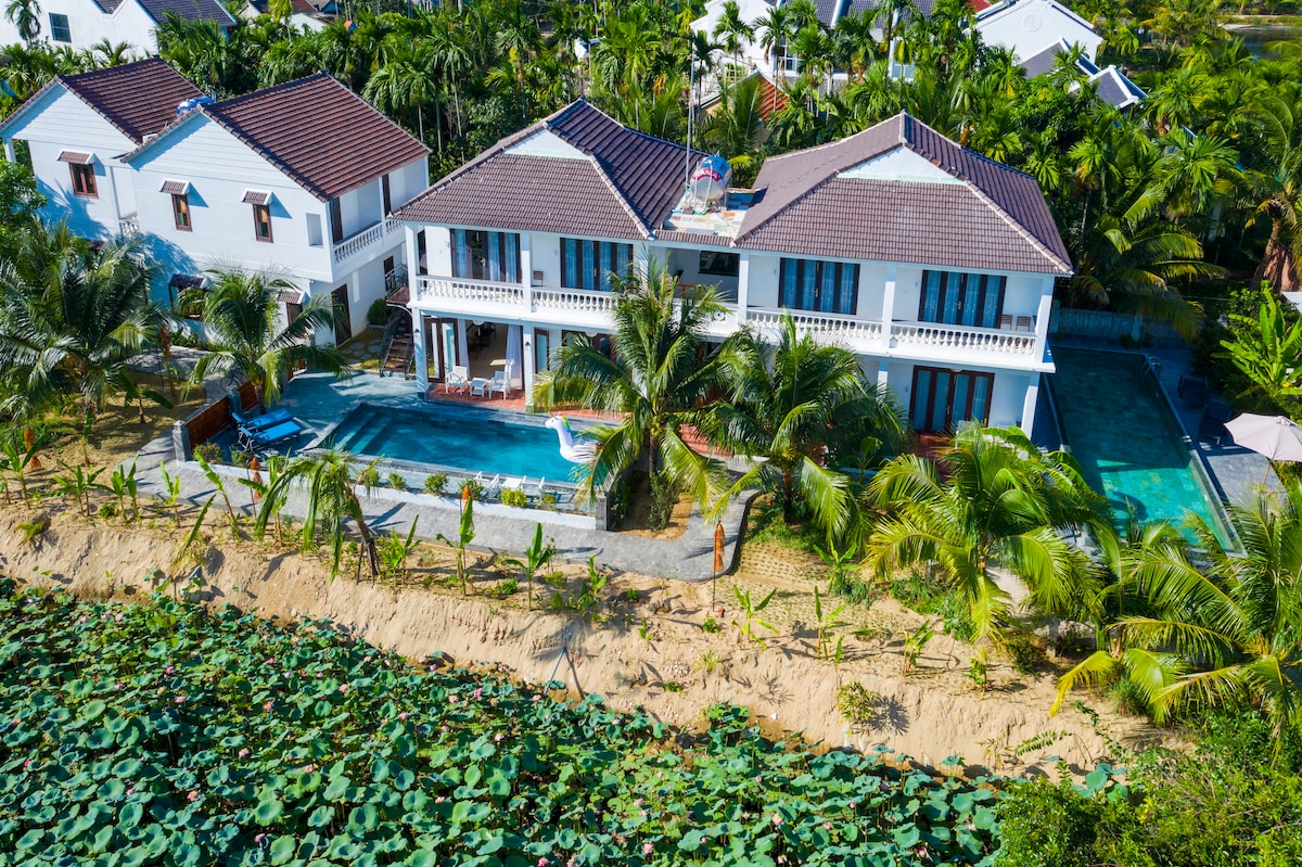 The villa is positioned adjacent to a serene lake, surrounded by lush greenery and palm trees. Two expansive buildings feature multiple access points to a gleaming infinity pool. A sandy area leads to the water, offering a unique blend of natural beauty and modern architecture.