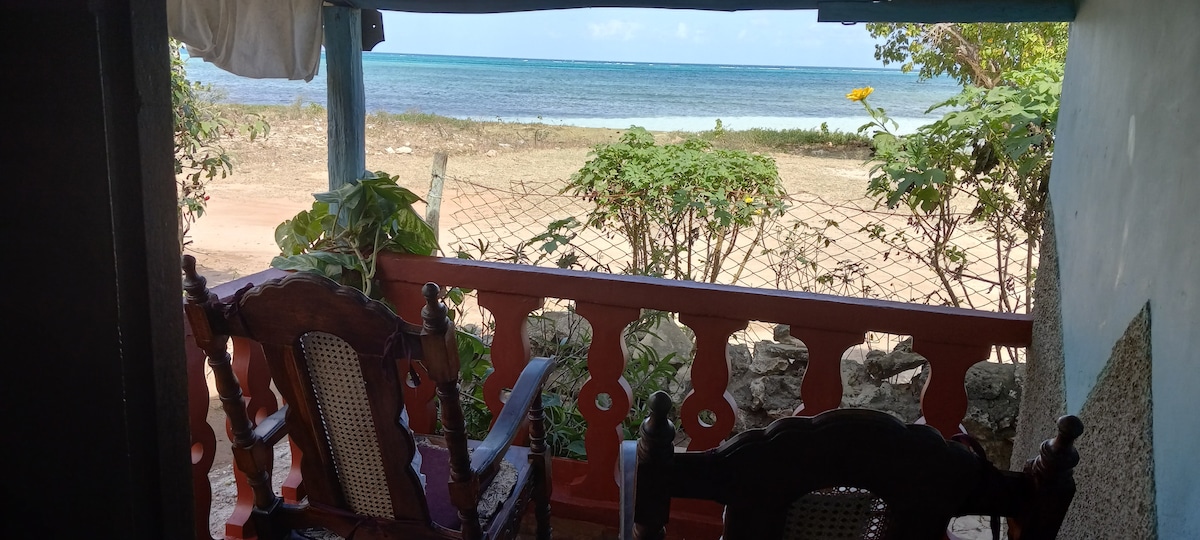 A covered outdoor seating area is visible, featuring two wooden chairs positioned beside a decorative railing. Lush greenery frames the space, while the ocean is seen in the background, offering a peaceful view of the horizon.