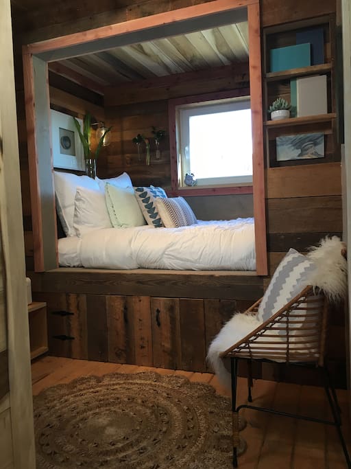 Cozy Bed nook with all natural wool mattress and organic cotton sheets