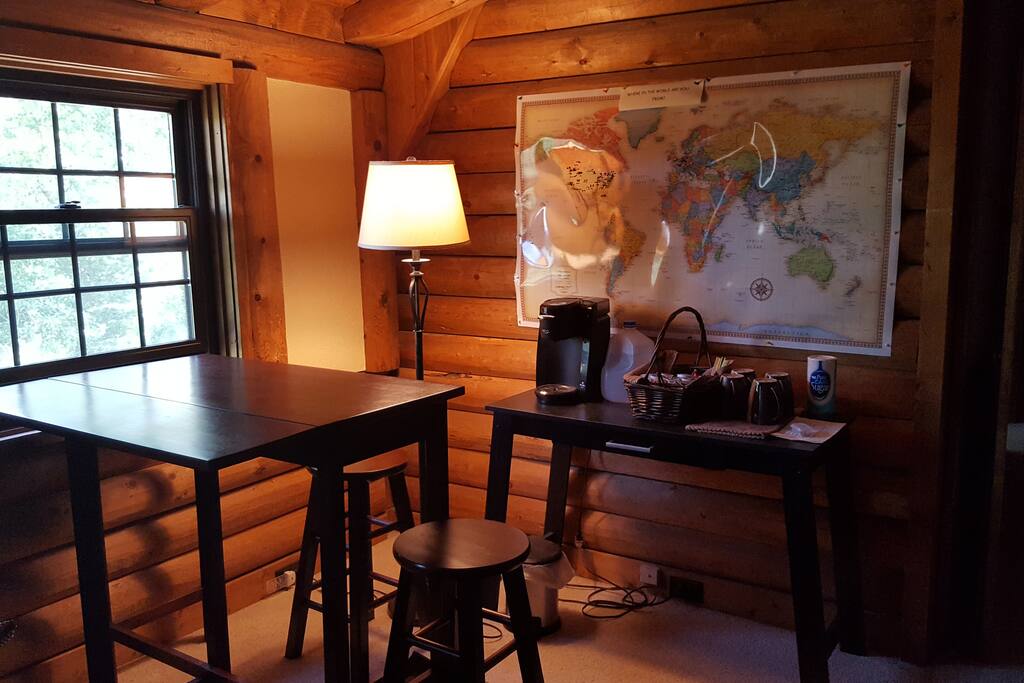 Coffee and tea provided in sitting area. Hot chocolate as well in the winter.