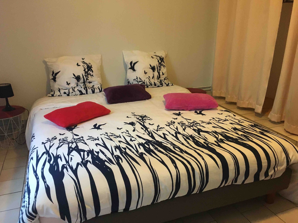 غرفة واسعة 
سرير كبير 160 × 200 
مع:
فراش جديد ، 
مخزن ،
مساحة مكتبية ،
تلفزيون


