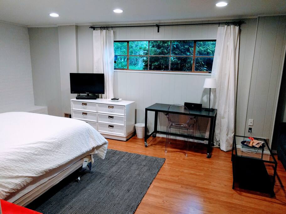 Relaxing garden view. Long-boy dresser, TV, desk, window with greenscape