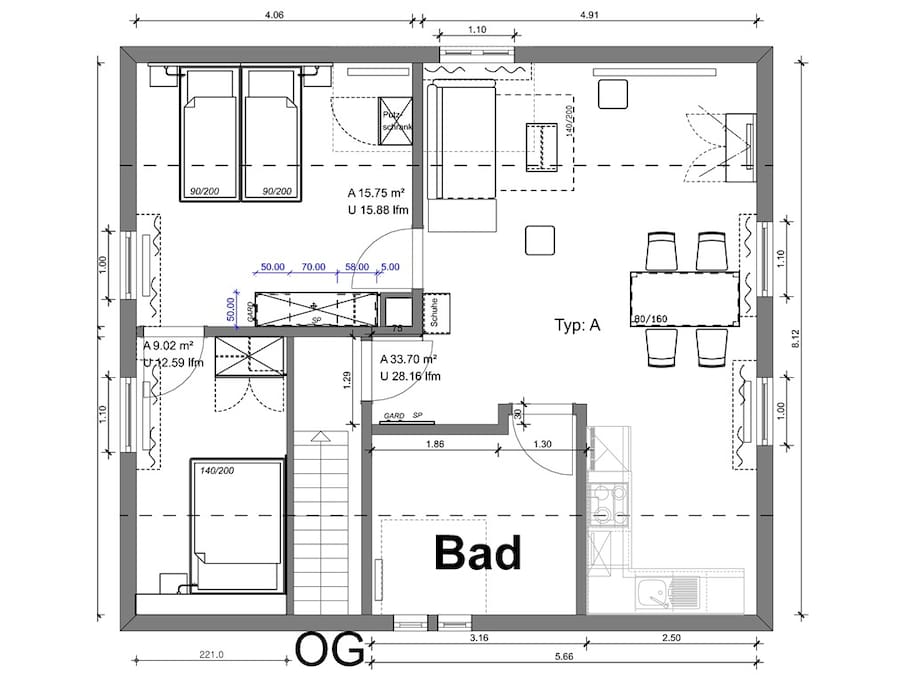 Der Schnitt der Wohnung "Einhorn" ist modern und offen gestaltet.