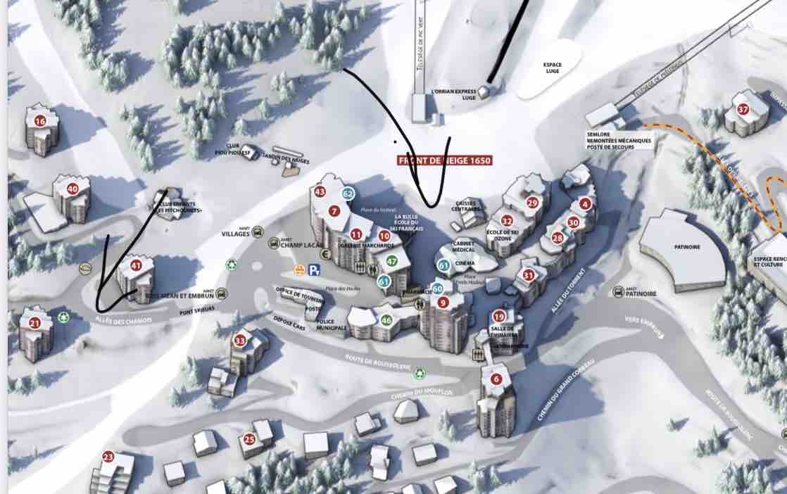 A detailed map of the station 1650 area is presented, illustrating various buildings, ski routes, and amenities available. Key locations such as restaurants, shops, and ski lifts are clearly marked, showcasing the layout of the resort and its proximity to recreational facilities.