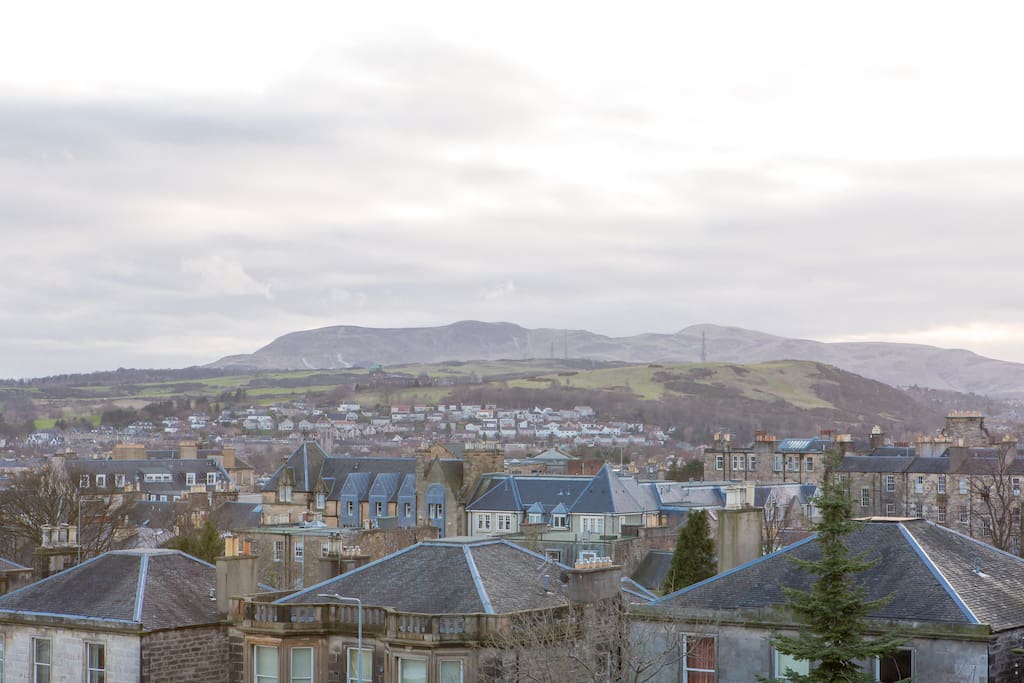 View of south Edinburgh and the Pentland hills from living room and front bedroom.