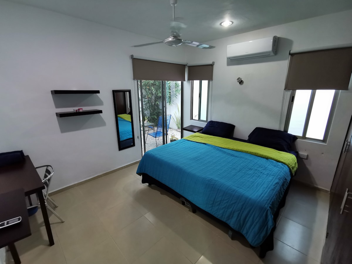 Habitación con cama king size, el cuarto cuenta con un amplio closet, vista al jardín interior, aire acondicionado, smartv con netflix, mesa de trabajo y cortinas black out.