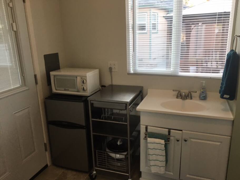 Microwave and mini- fridge & freezer also included is a hot plate to make anything you can think of :) We also have a BBQ you may use