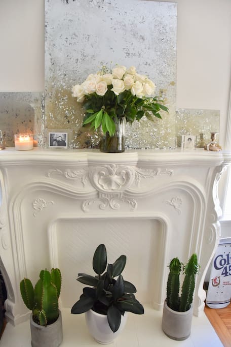 French flare with nice ornate fireplace and cactus garden.