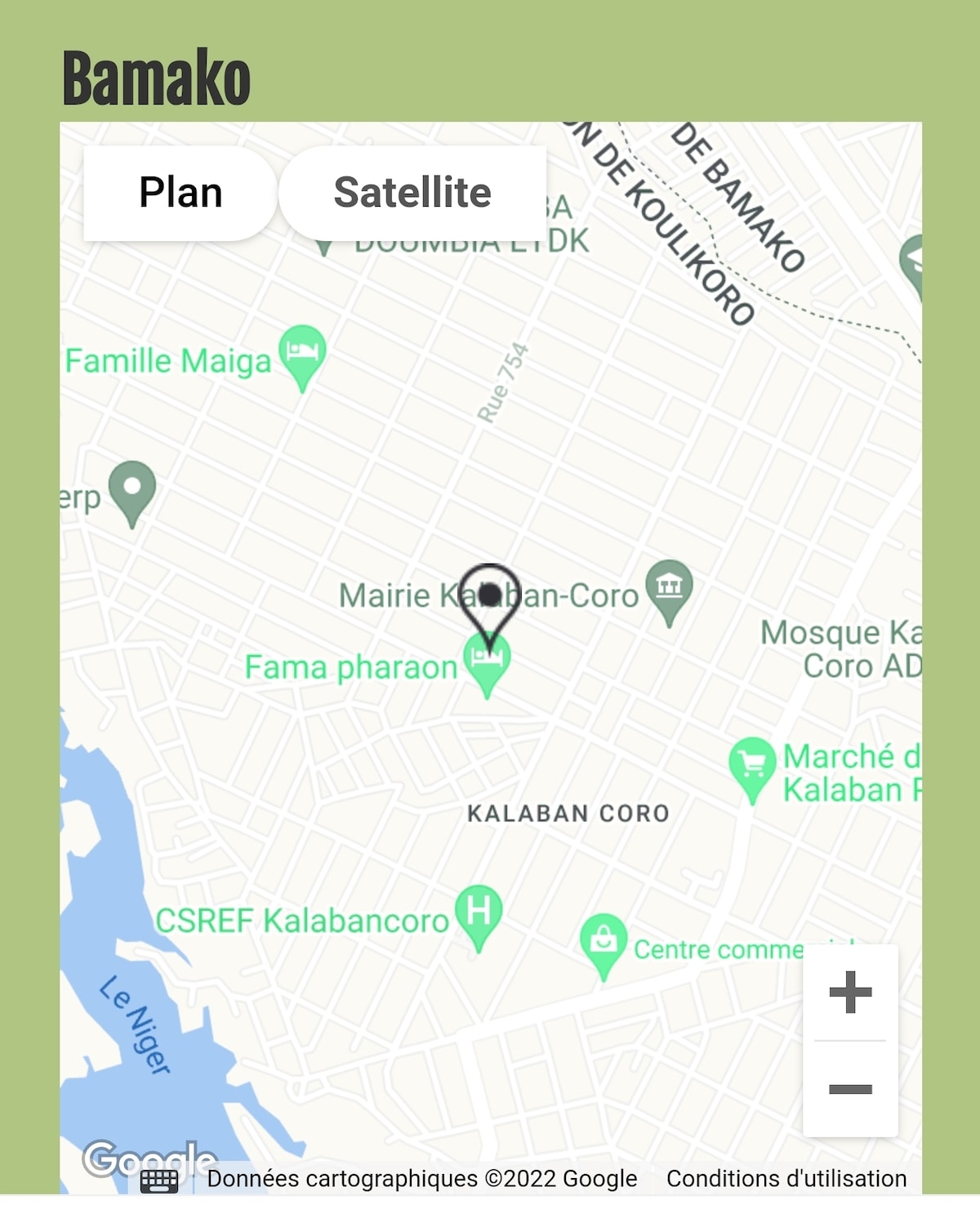 A detailed map of Bamako highlights the Kalaban Coro neighborhood, featuring streets, landmarks, and the surrounding area, including the Niger River. Points of interest are marked, providing an overview of the locality's layout and accessibility.