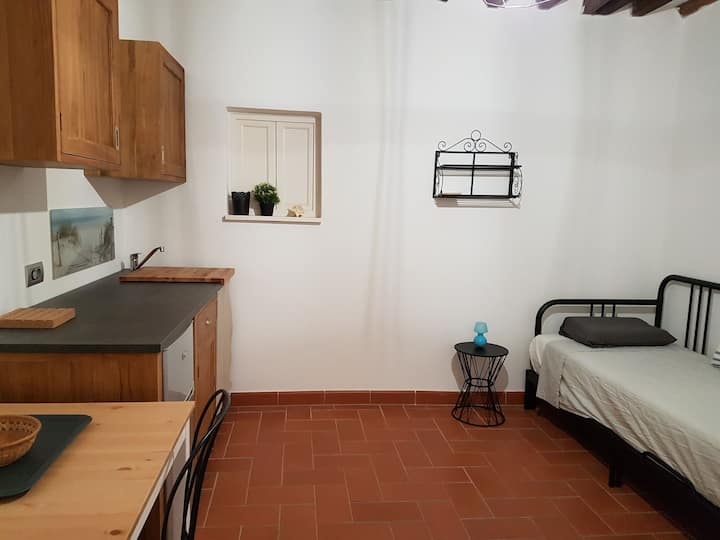 kitanda cha sofa na kitanda cha sofa na chumba cha kupikia. 

