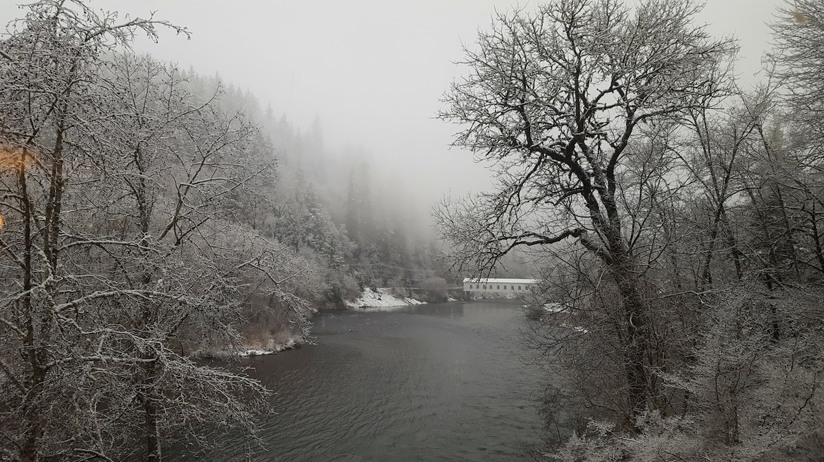 A serene winter scene is captured, featuring a misty river surrounded by frosted trees. Light snow blankets the landscape, creating a soft, quiet ambiance. In the background, a building is visible along the riverbank, partially obscured by the fog.