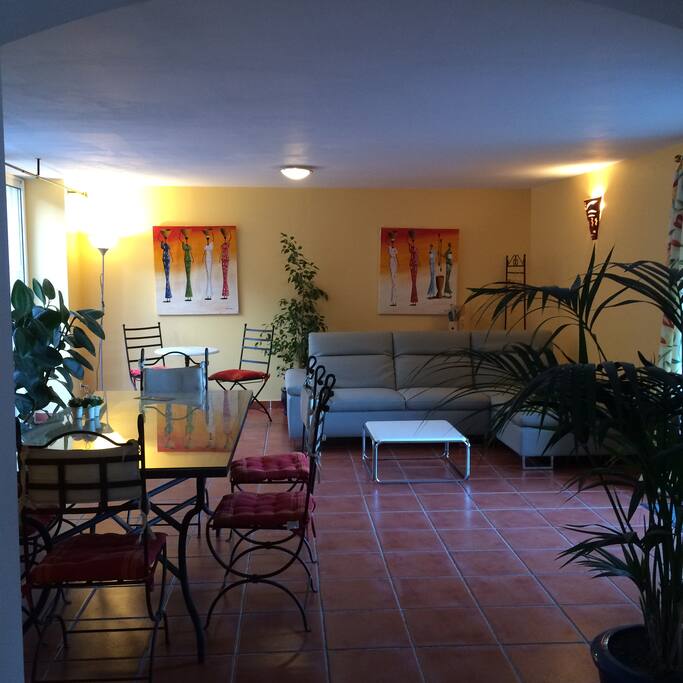 Séjour lumineux avec canapé en cuir, table et chaises en fer forgé
Comfortable leader Sofa and iron table and chairs
