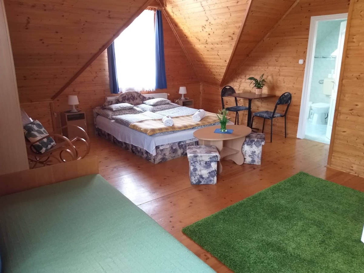 An inviting room features wooden walls and a sloped ceiling. A spacious bed is accompanied by two nightstands and lamps. A small table with chairs is positioned near a plant, while a bright area rug adds color to the floor. A bathroom door is visible in the background.