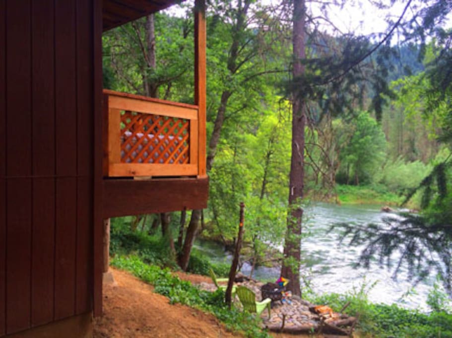 The covered river porch has steel cable rail on the river side for great views!