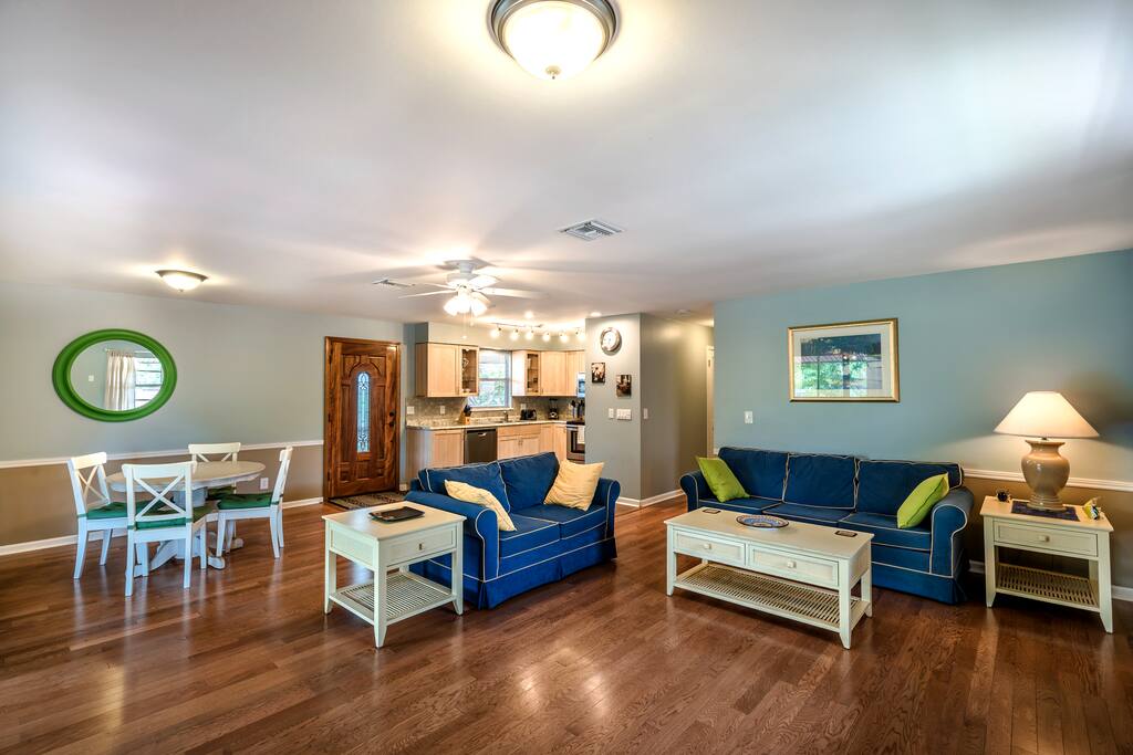 Living room, dining room area, and kitchen - open floor plan
