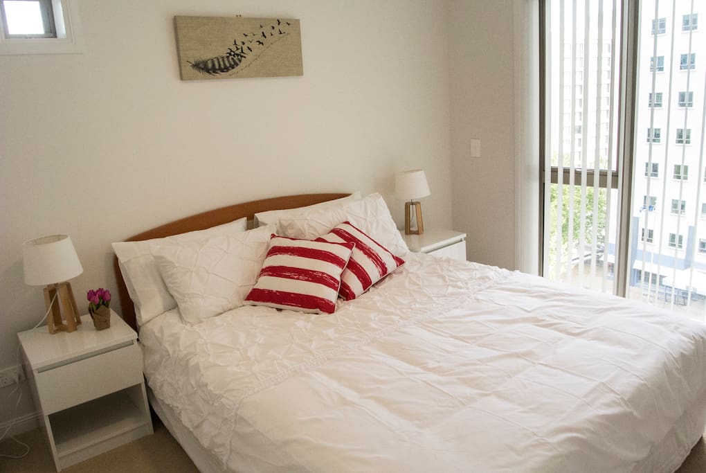 Bedding in bedroom with amazing views