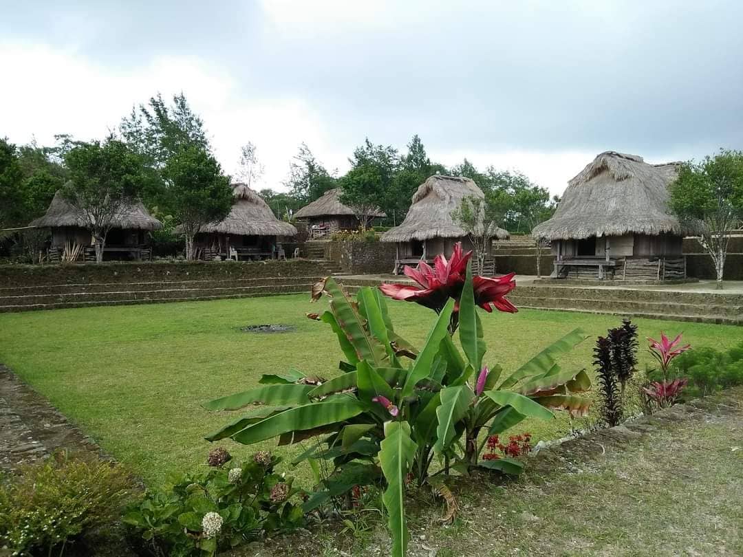 The image showcases several traditional nipa huts with thatched roofs, arranged around a green open space. Lush plants and flowering vegetation are present in the foreground, adding vibrant colors to the setting. The scene is framed by trees and a cloudy sky.