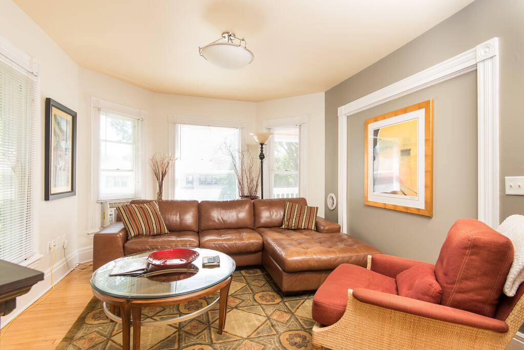 Three bay windows bring in nice morning light