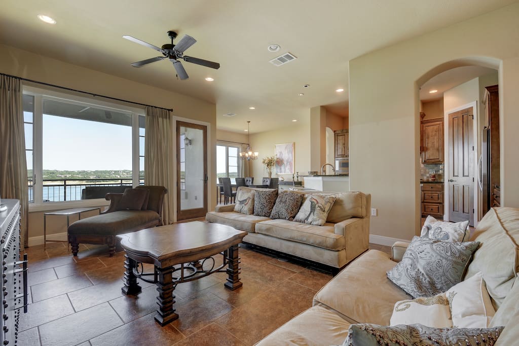 Take in gorgeous views of Lake Travis from the living room.