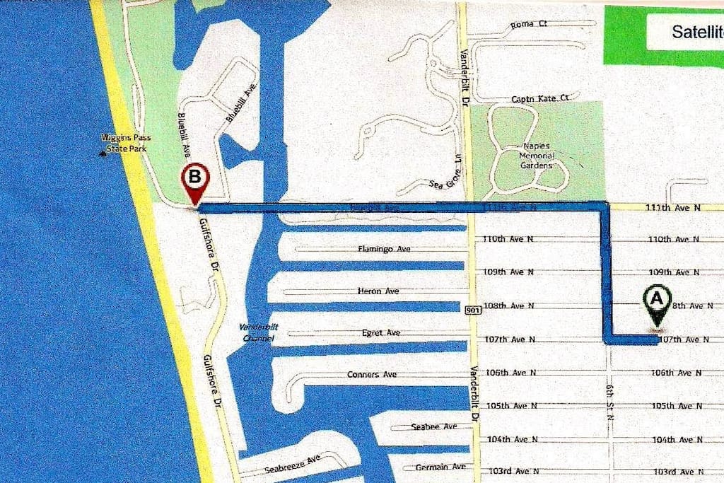 Point A = Vacation Home, Point B = Free Beach Access Point, 5 min. bike ride