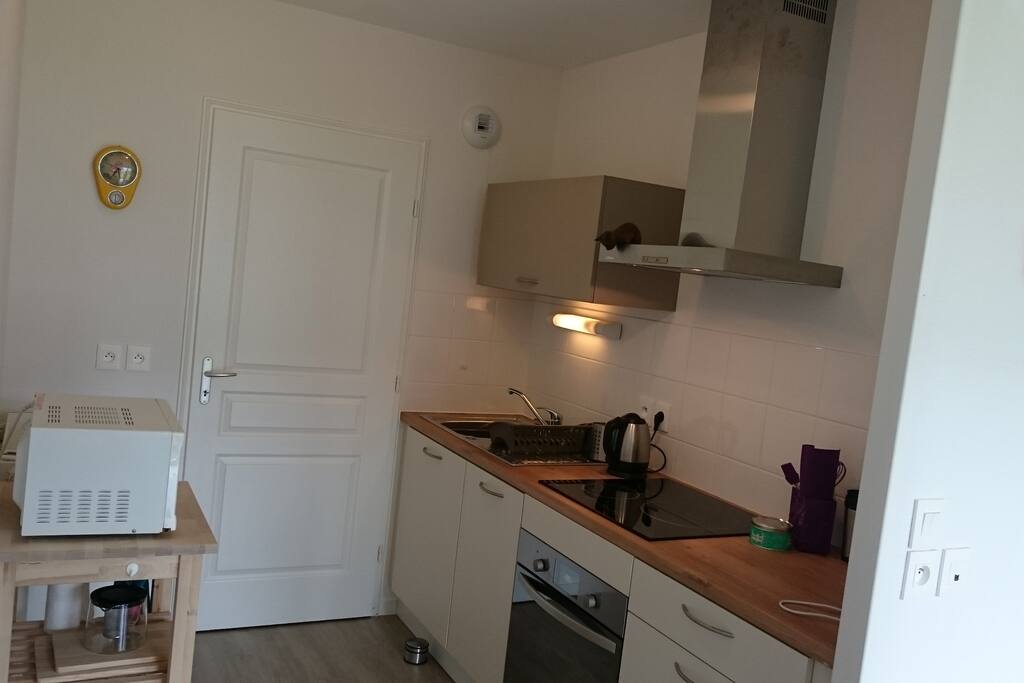 cuisine équipée (four, plaque à induction, frigo, micro-onde, cafetière, grille pain, bouilloire)