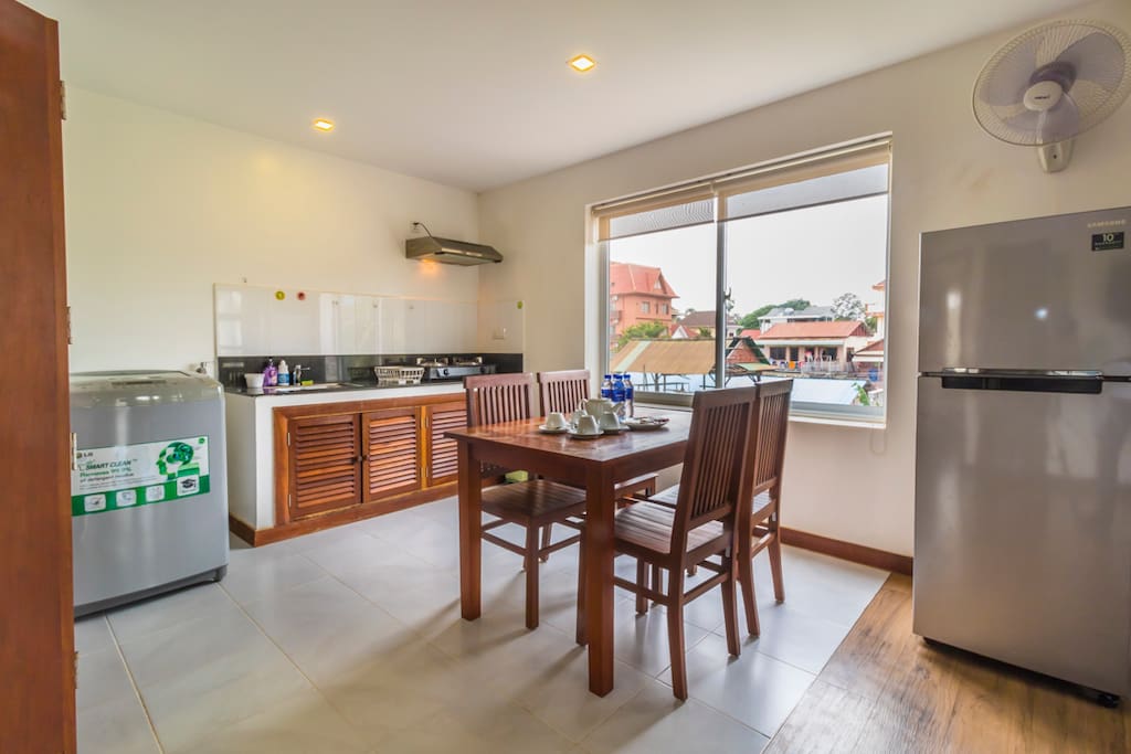 Fully equipped kitchen, refrigerator, washing machine, kettle, toaster, rice cooker, all cooking utensils