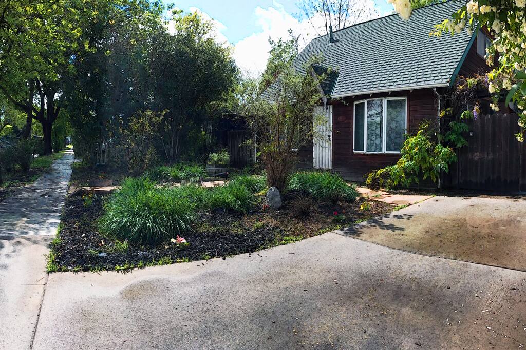 North approach our Wee House right after the rain with plenty of space for your parking needs. September 2017 before landscaping of front yard. :)