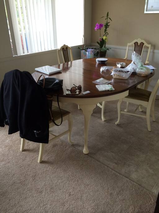 Dining table in a breakfast nook.