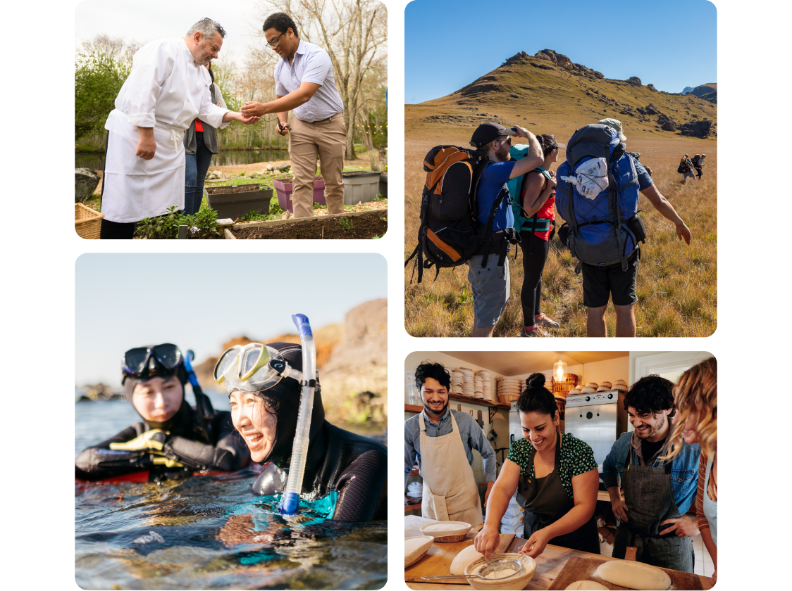 A collage of four images forming a square. The first image is of a chef in a garden collecting ingredients with guests. The second image shows a group of hikers pausing in a grassy field near rocky hills. The third image highlights a man and a woman in wetsuits wading in water with snorkeling gear. The final image is of four smiling people wearing aprons in a kitchen preparing baked goods.