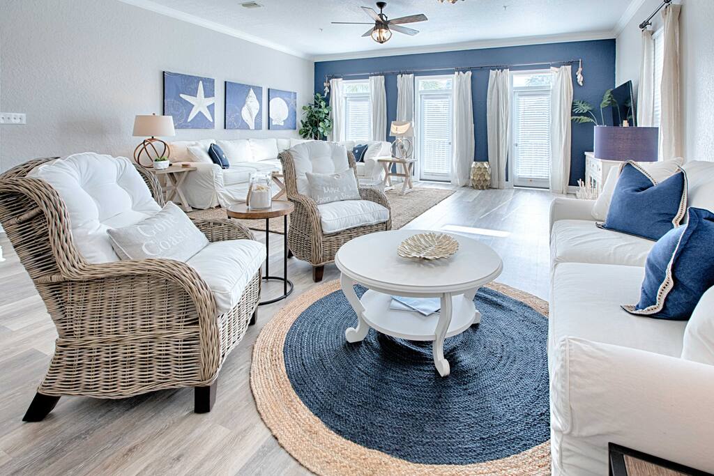 Natural light compliments the navy accents