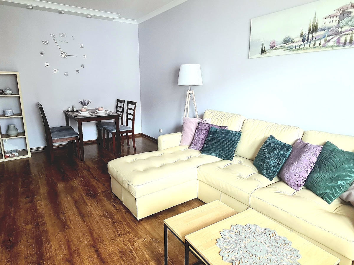 The living area features a light-colored leather sofa with decorative cushions and a coffee table. A dining table with four chairs is visible, complemented by a wall clock and a piece of artwork. Soft, natural light fills the space, creating a cozy atmosphere.