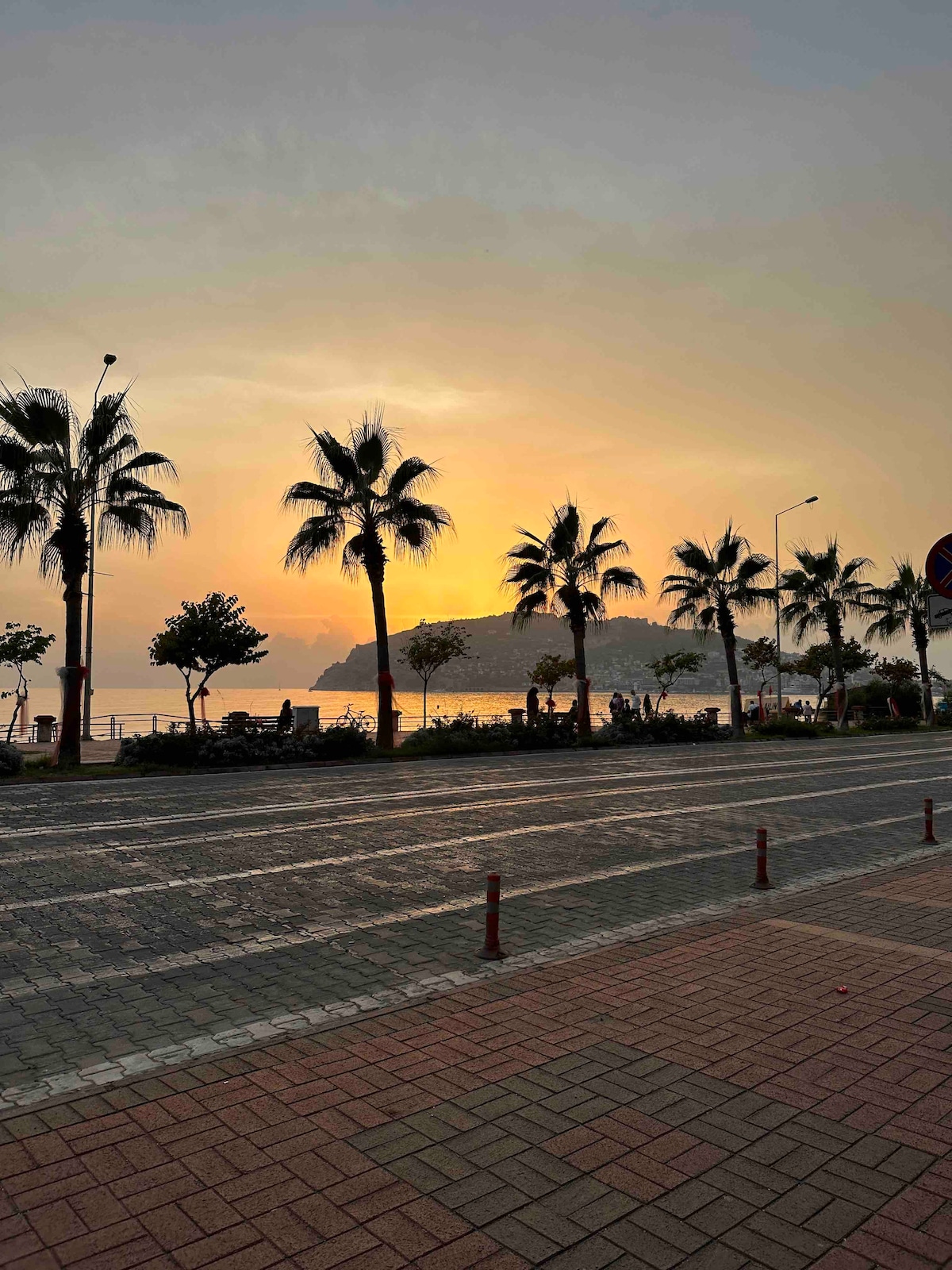 A serene sunset is captured over the waterfront, with silhouettes of palm trees lining the avenue. The reflections of warm hues illuminate the calm water, providing a peaceful backdrop to the distant hills. The scene exudes tranquility, ideal for evening strolls.