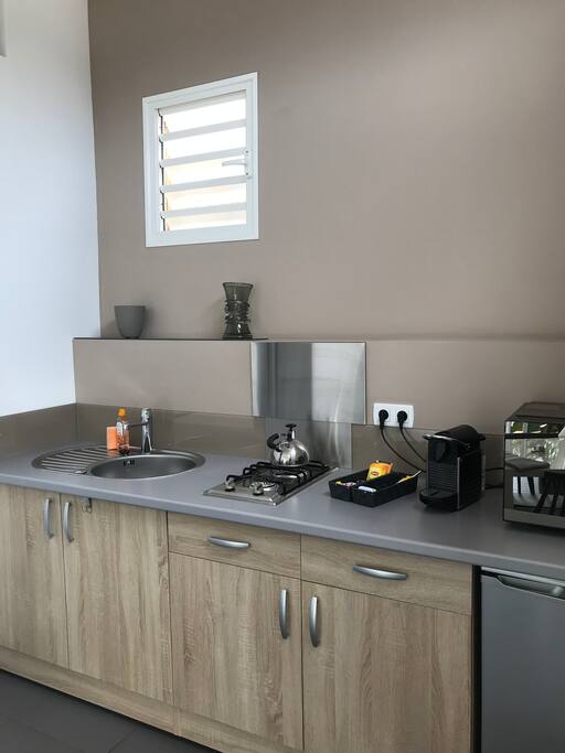Coin cuisine équipé: micro-onde, frigo, machine à café Nespresso...
