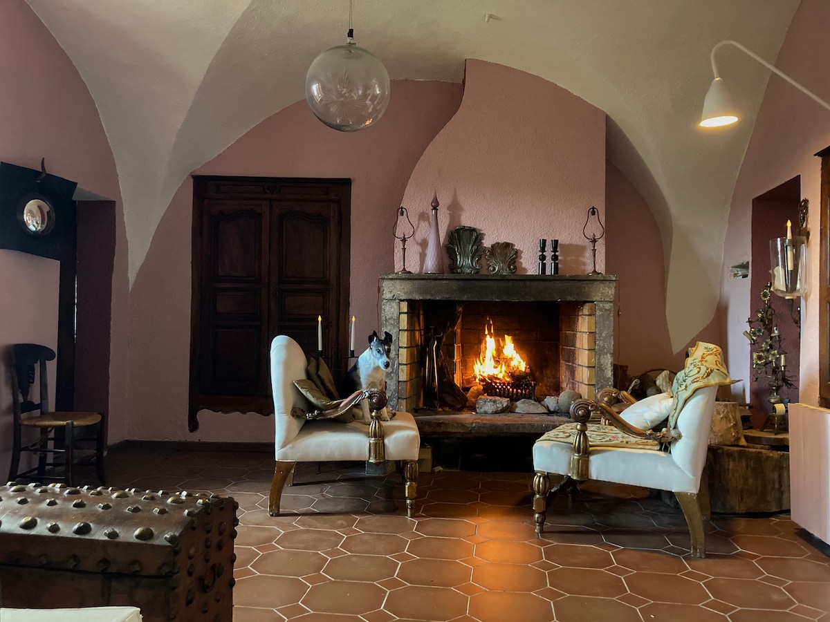 A cozy sitting area is highlighted by a stone fireplace, where a warm fire is visible. Two elegant armchairs are positioned beside the fireplace, and a textured ottoman adds charm to the space. The soft pink walls create a calming ambiance.
