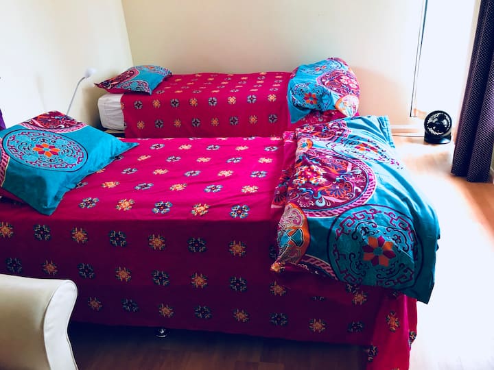 This second bedroom is a seperate room. So young children may be reluctant to use without supervision. On request the two King Singles can be joined to make a king sized bed for couples. 
