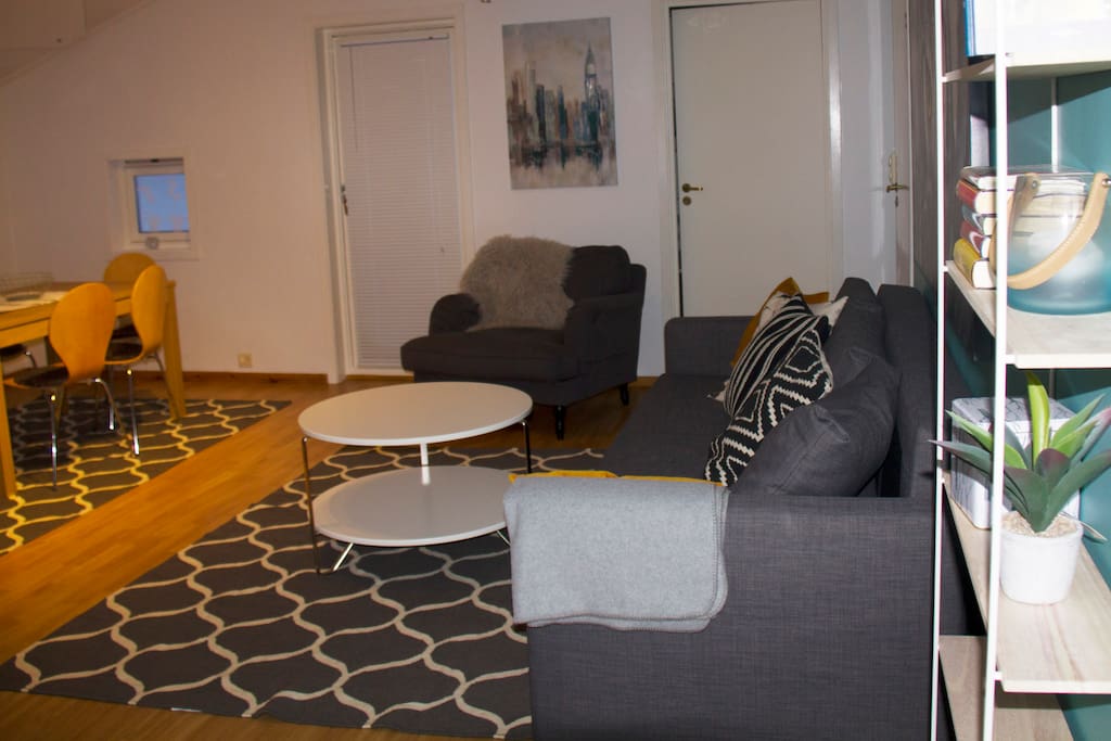 The living room is large and has a sofa that folds out into a double bed. There is an extra bed that can be placed in the living room for a fifth person. // Das Wohnzimmer ist groß und der Sofa ist ein Schlafsofa. Es gibt ein extra Bett, das ins Wohnzimmer für eine fünfte Person aufgestellt werden kann.